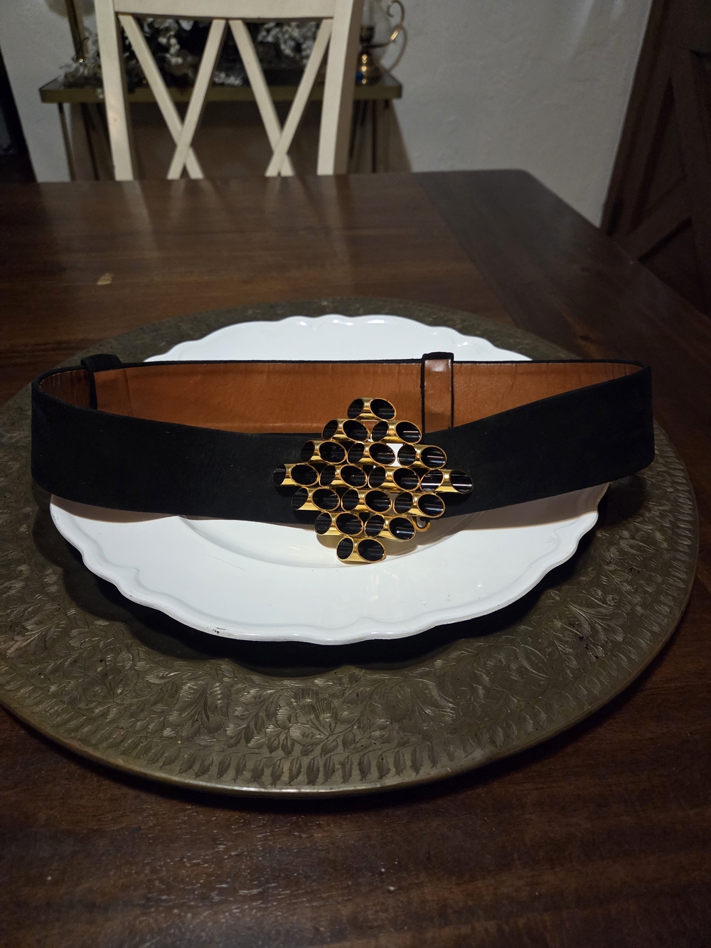Black Wide Waist Belt with Gold Honeycomb Accent Vintage